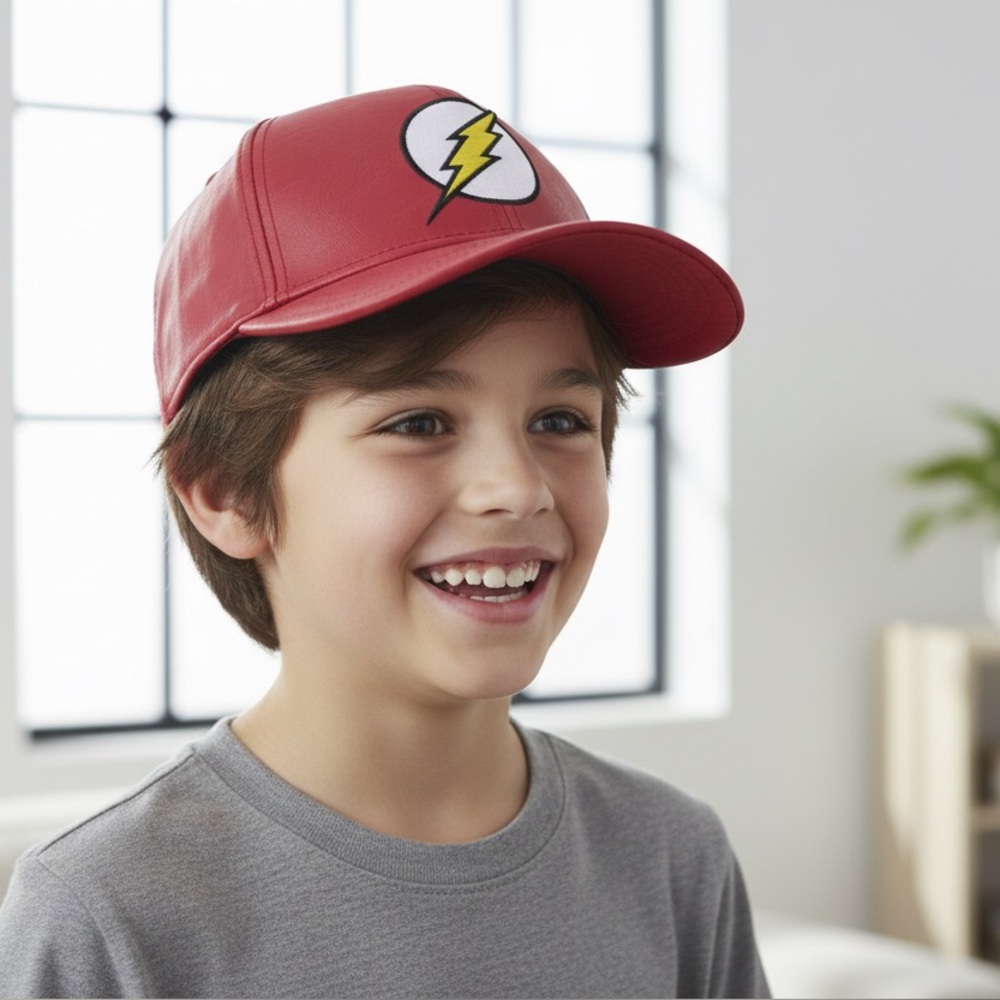 Kids Red The Flash Faux Leather Snap Back Hat Cap Adjustable DC